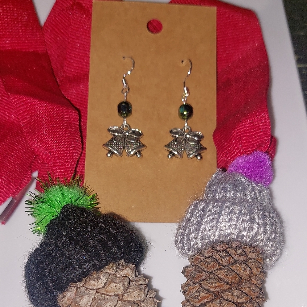Silver Bell Charm With Green Shimmer Bead .Handmade Earwires Are 925 .